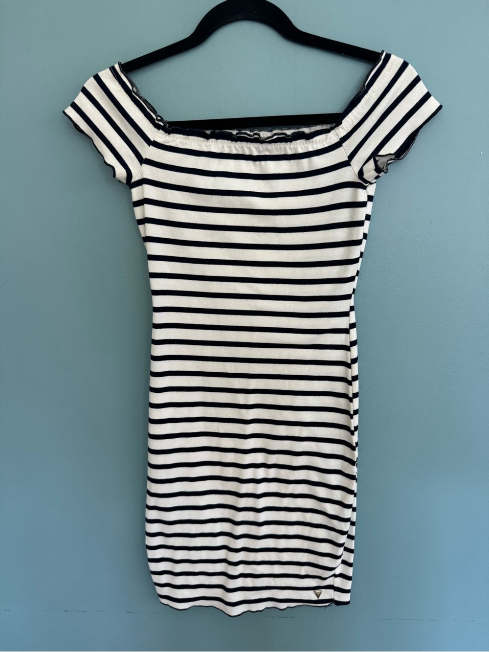 Guess Navy & White Striped Off-Shoulder Dress